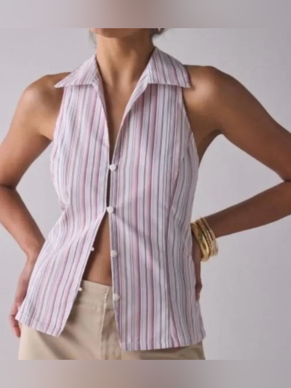 Urban Outfitters Party Girl Pink and White Striped Sleeveless Button Front Top